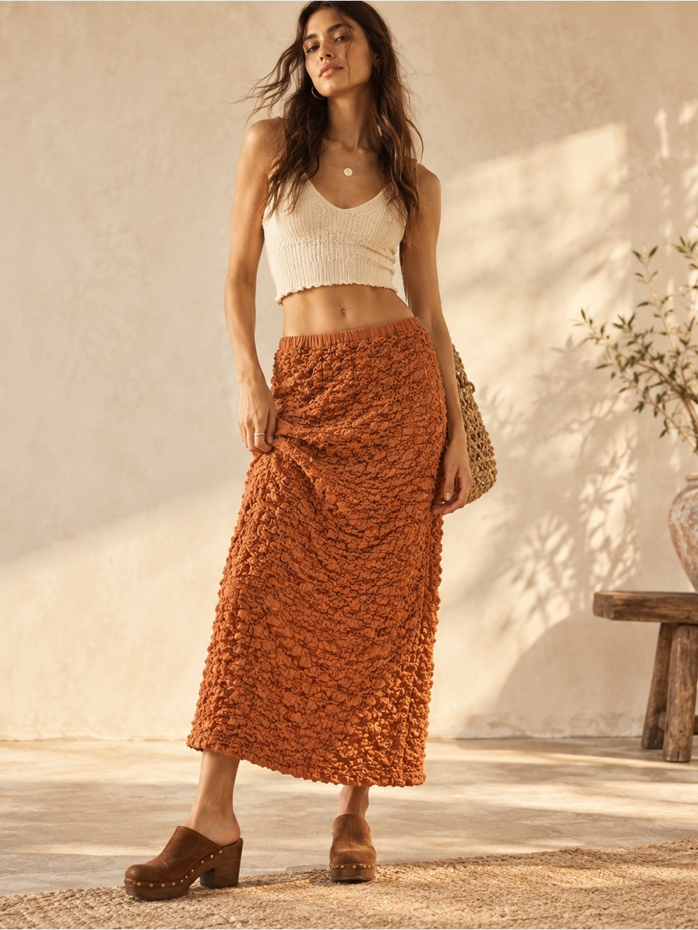 Free People S Terracotta Textured Midi Skirt Boho 70s Revival Earthy